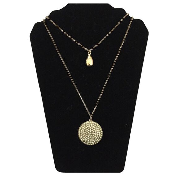 Gold Tone Double Layer Pavé Rhinestone Disc & Teardrop Charm Necklace Costume - Picture 1 of 4